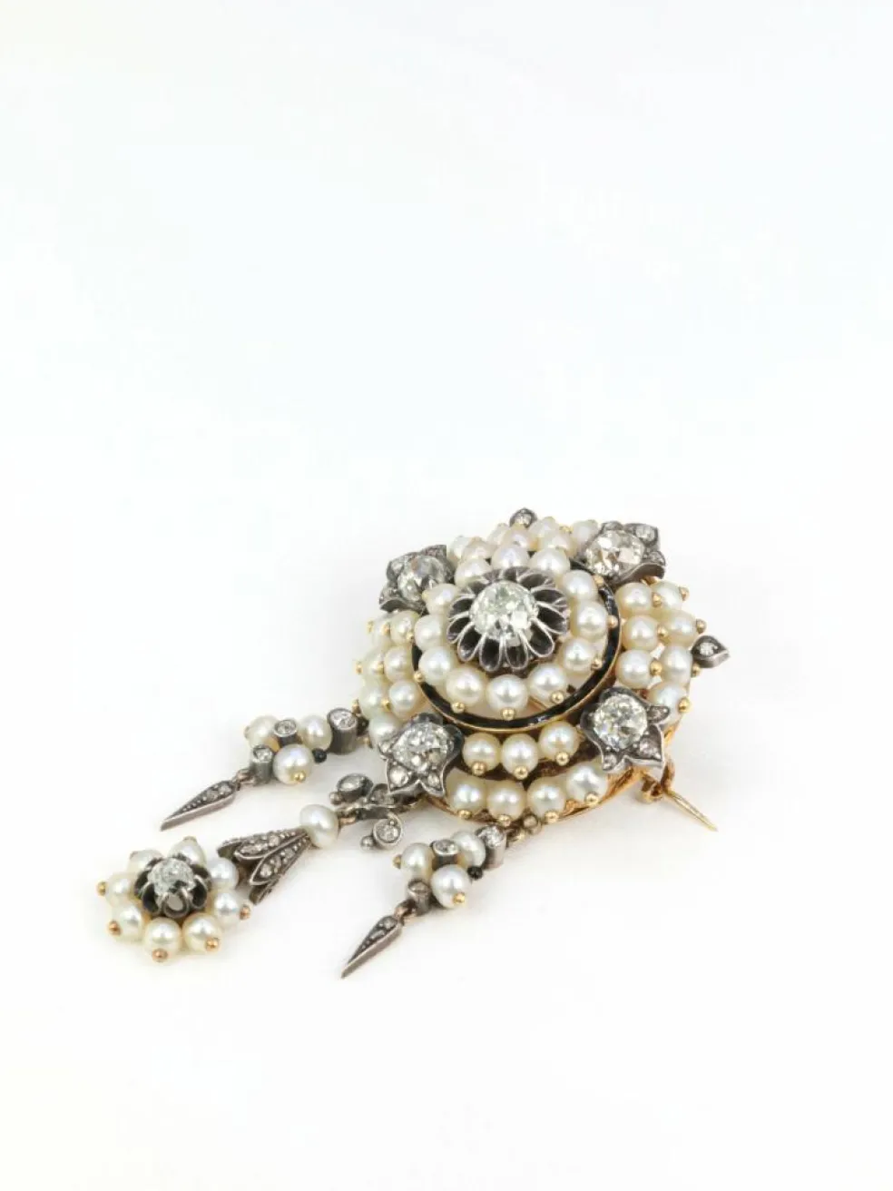 Broche ancienne guirlande or argent perles fines diamants taille ancienne