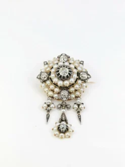 Broche ancienne guirlande or argent perles fines diamants taille ancienne