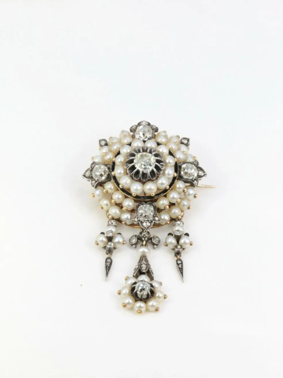 Broche ancienne guirlande or argent perles fines diamants taille ancienne