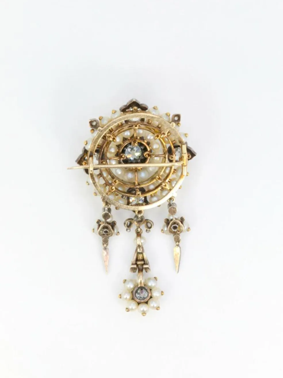 Broche ancienne guirlande or argent perles fines diamants taille ancienne