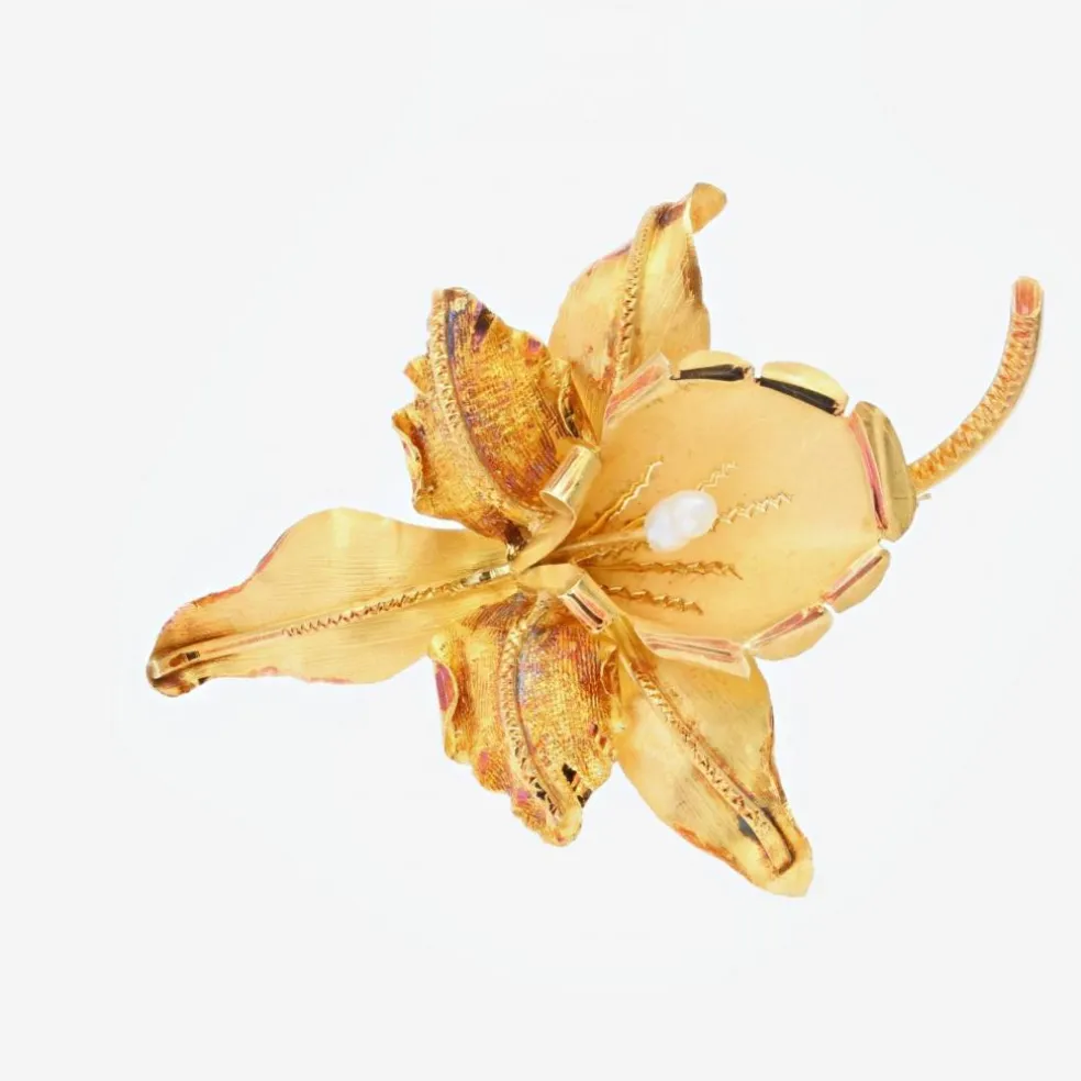 Broche ancienne lys en or mat et perle