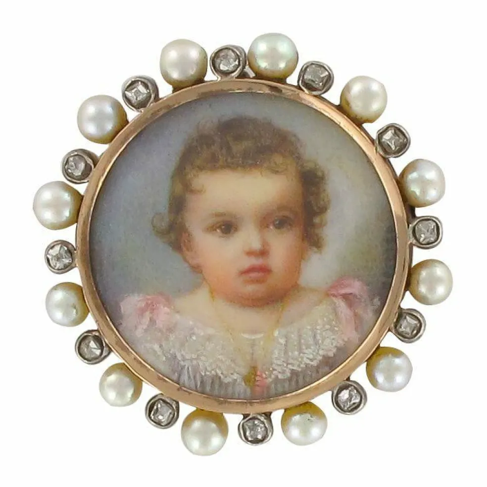 Broche ancienne miniature perles fines et diamants