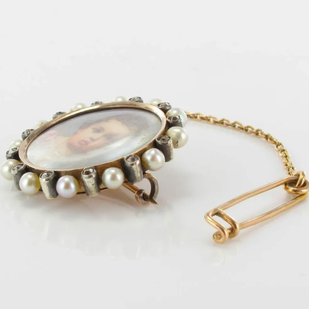 Broche ancienne miniature perles fines et diamants