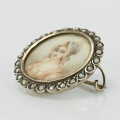 Broche ancienne miniature et perles sur argent