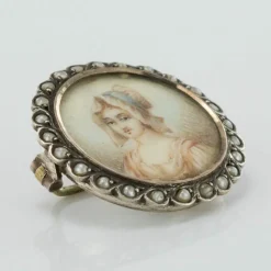 Broche ancienne miniature et perles sur argent