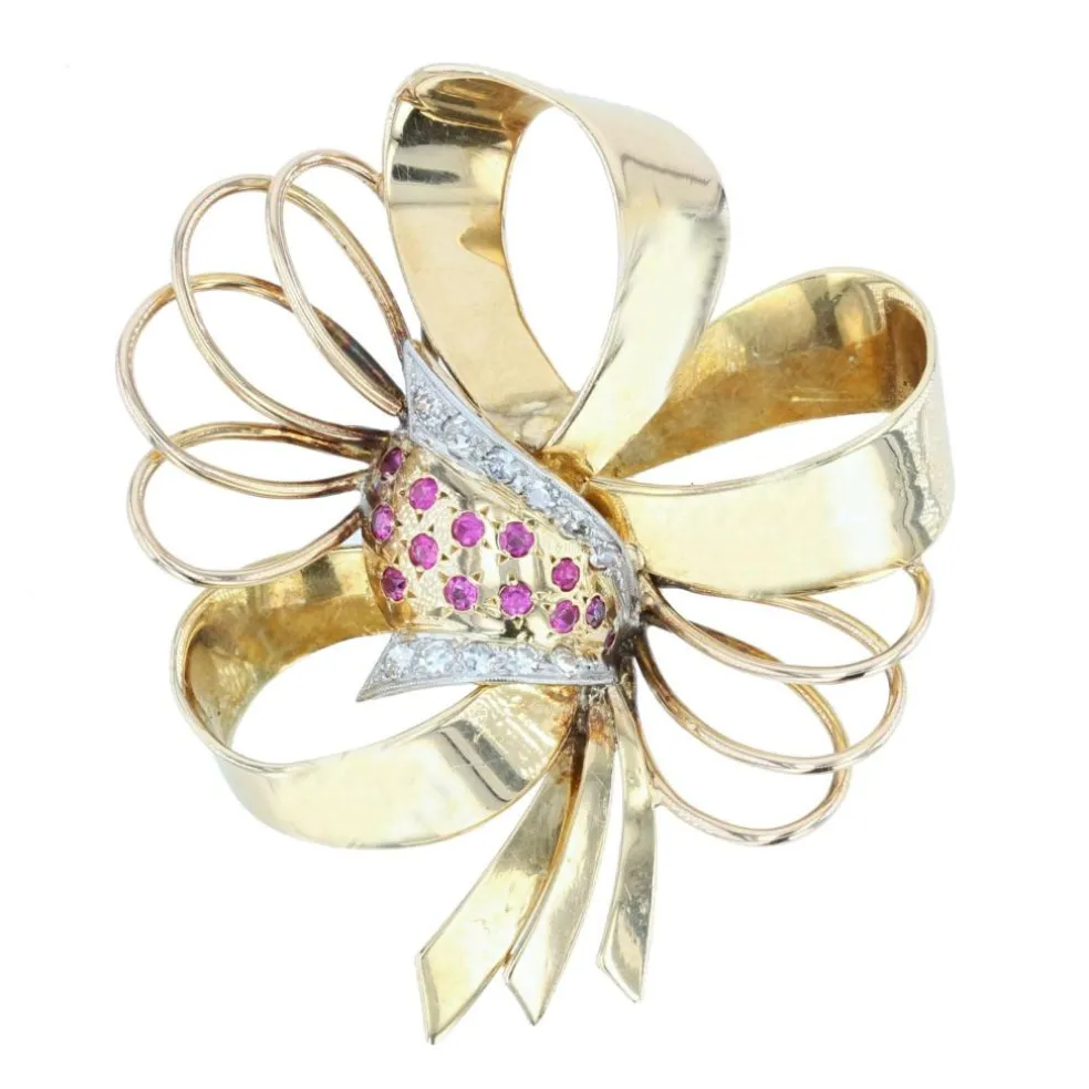 Broche ancienne noeud vintage diamants rubis