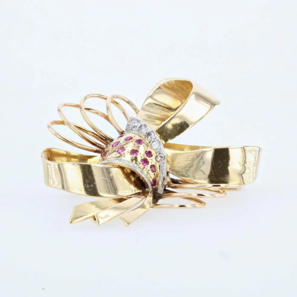 Broche ancienne noeud vintage diamants rubis