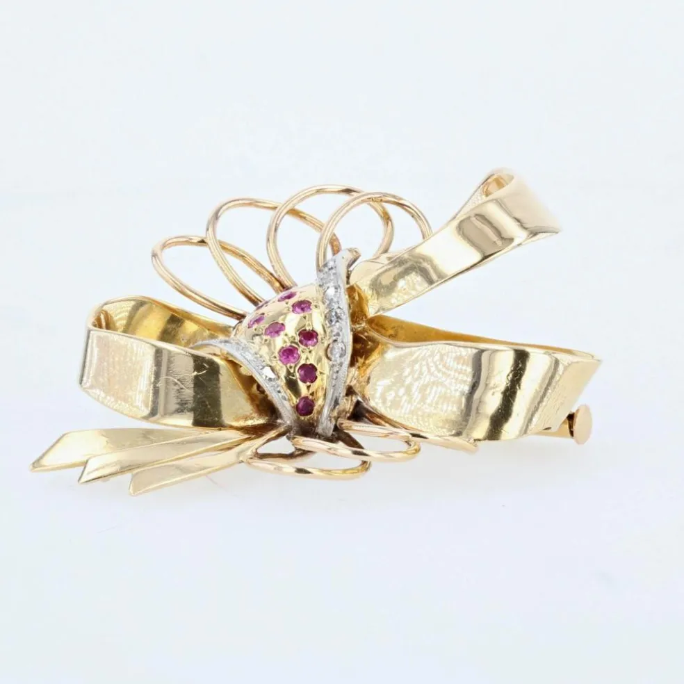 Broche ancienne noeud vintage diamants rubis