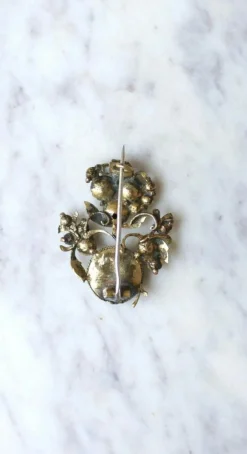 Broche ancienne operculum, grenat, et porcelaine