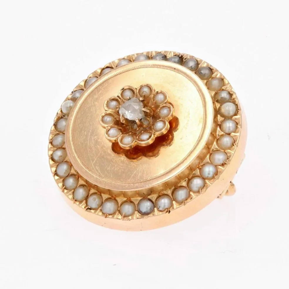 Broche ancienne or rose perles fines et diamant