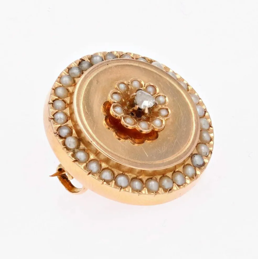 Broche ancienne or rose perles fines et diamant