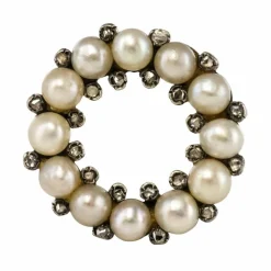 Broche ancienne ronde perles fines et diamants