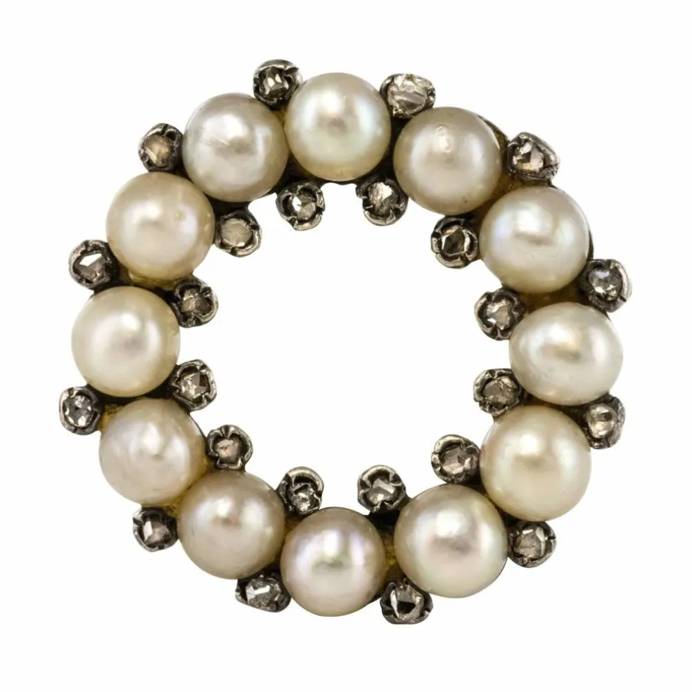 Broche ancienne ronde perles fines et diamants