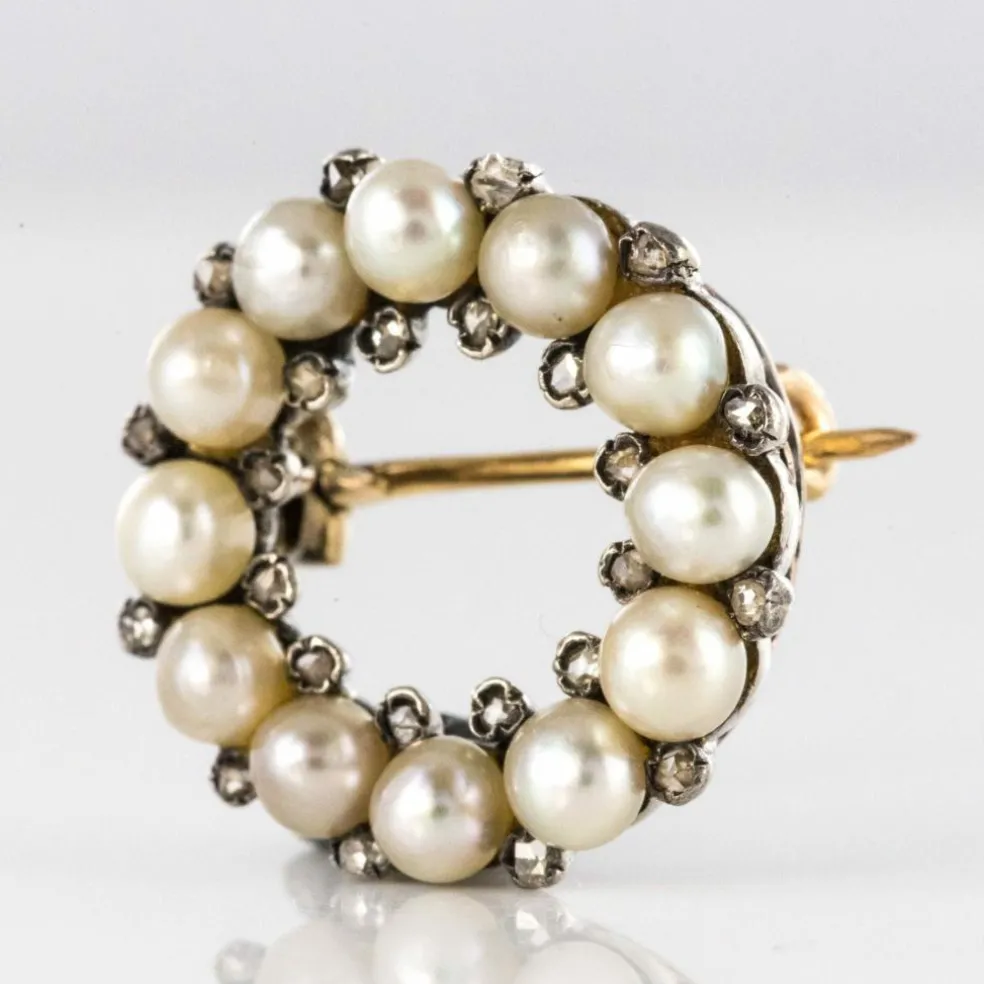 Broche ancienne ronde perles fines et diamants