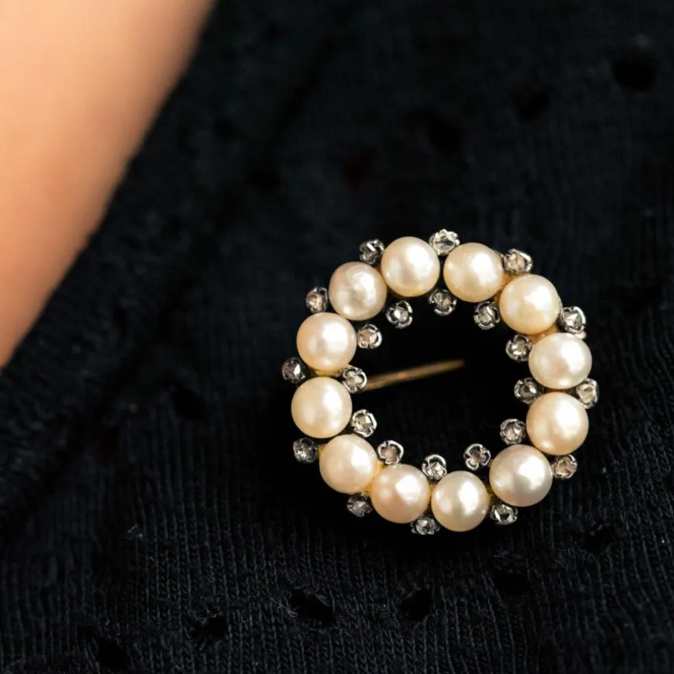 Broche ancienne ronde perles fines et diamants