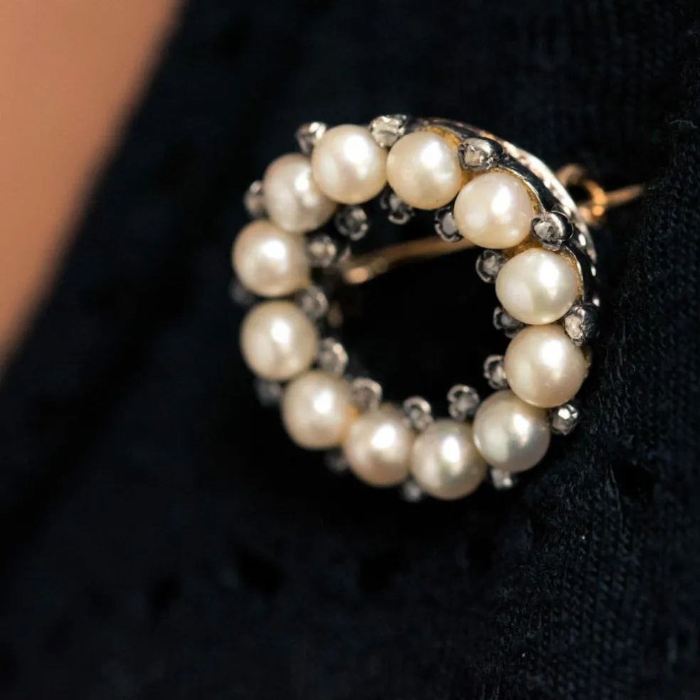 Broche ancienne ronde perles fines et diamants