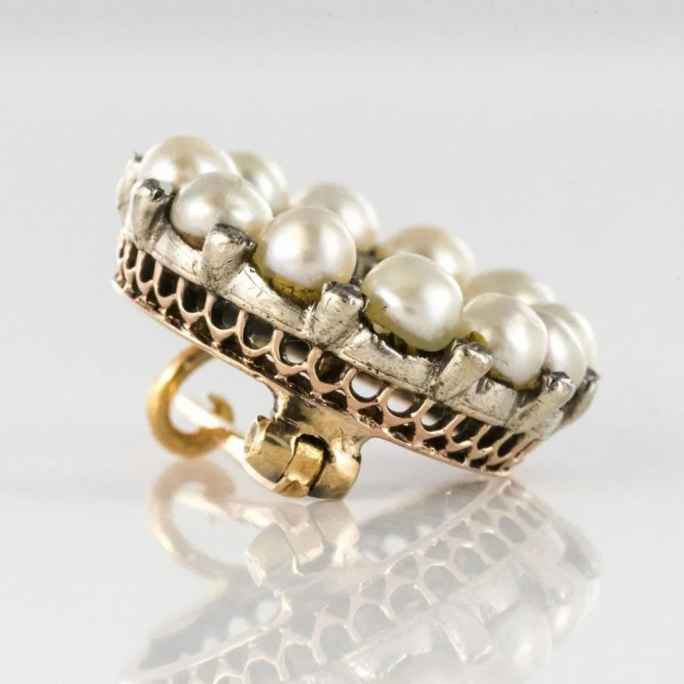 Broche ancienne ronde perles fines et diamants