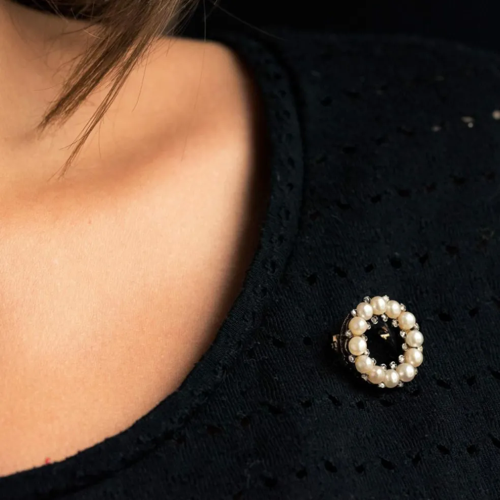 Broche ancienne ronde perles fines et diamants