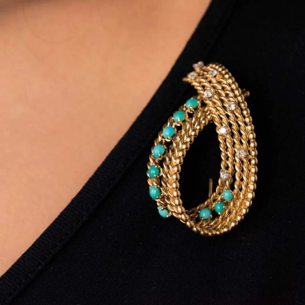 Broche ancienne turquoises et diamants