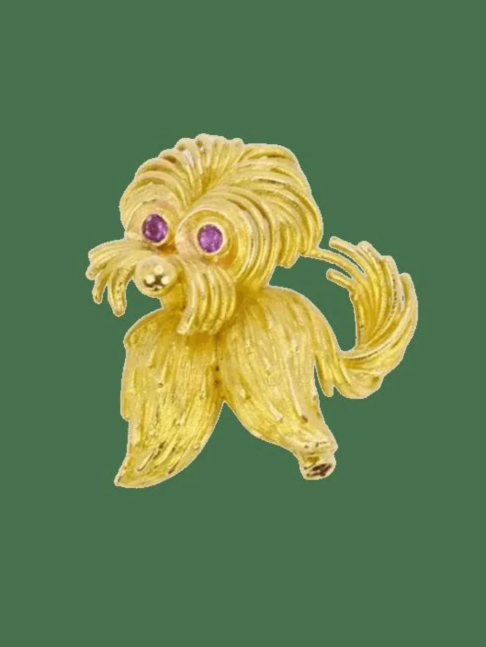 Broche animalière chien or jaune rubis