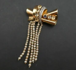Broche Années 50 Saphir, Citrines, Diamants Et Perles