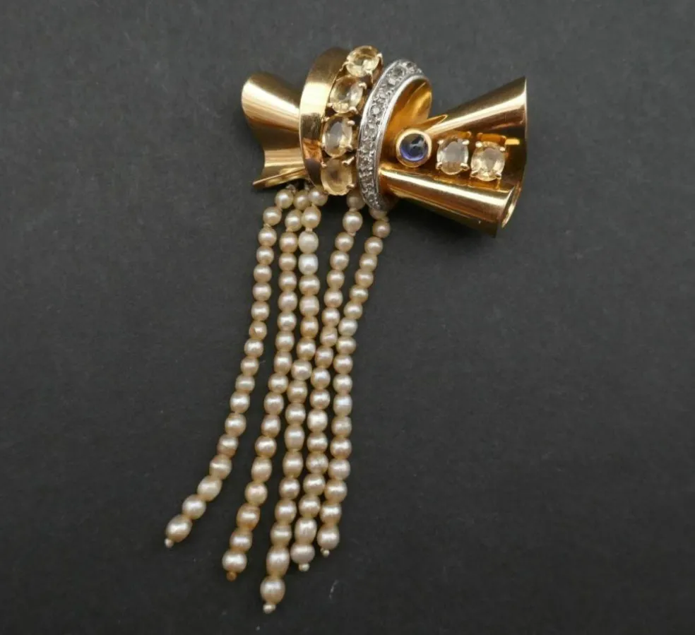 Broche Années 50 Saphir, Citrines, Diamants Et Perles