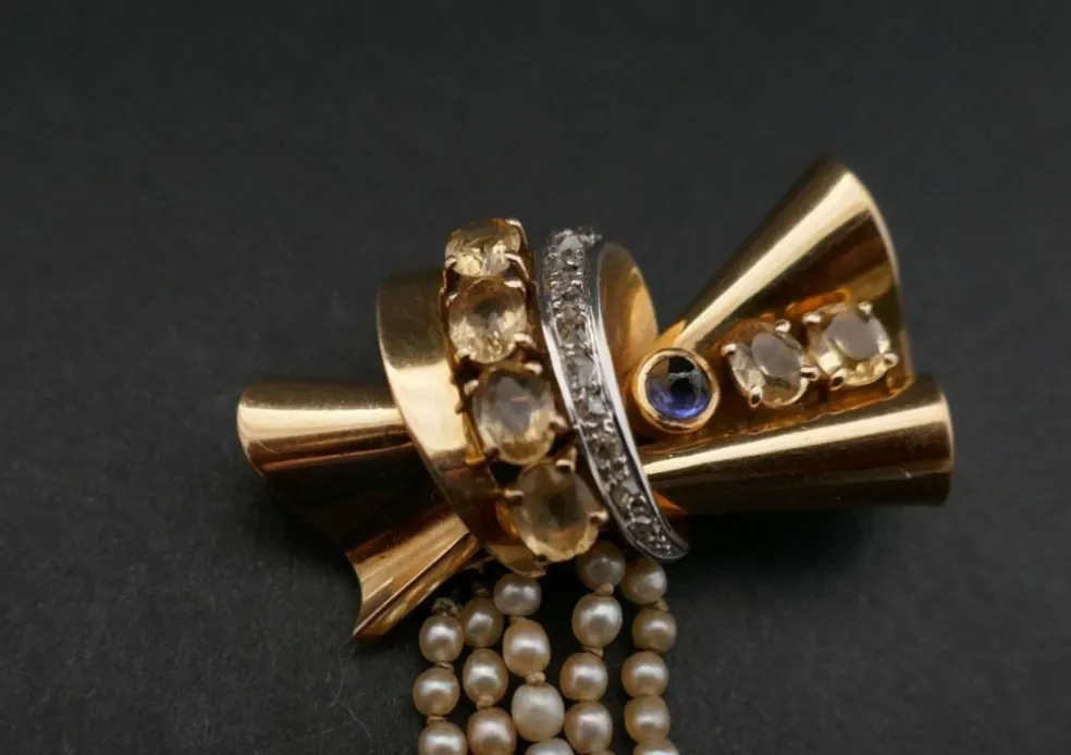 Broche Années 50 Saphir, Citrines, Diamants Et Perles