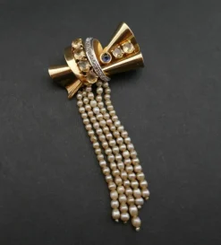 Broche Années 50 Saphir, Citrines, Diamants Et Perles