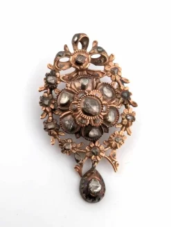 Broche antique en or rose 9 carats avec diamants taille rose