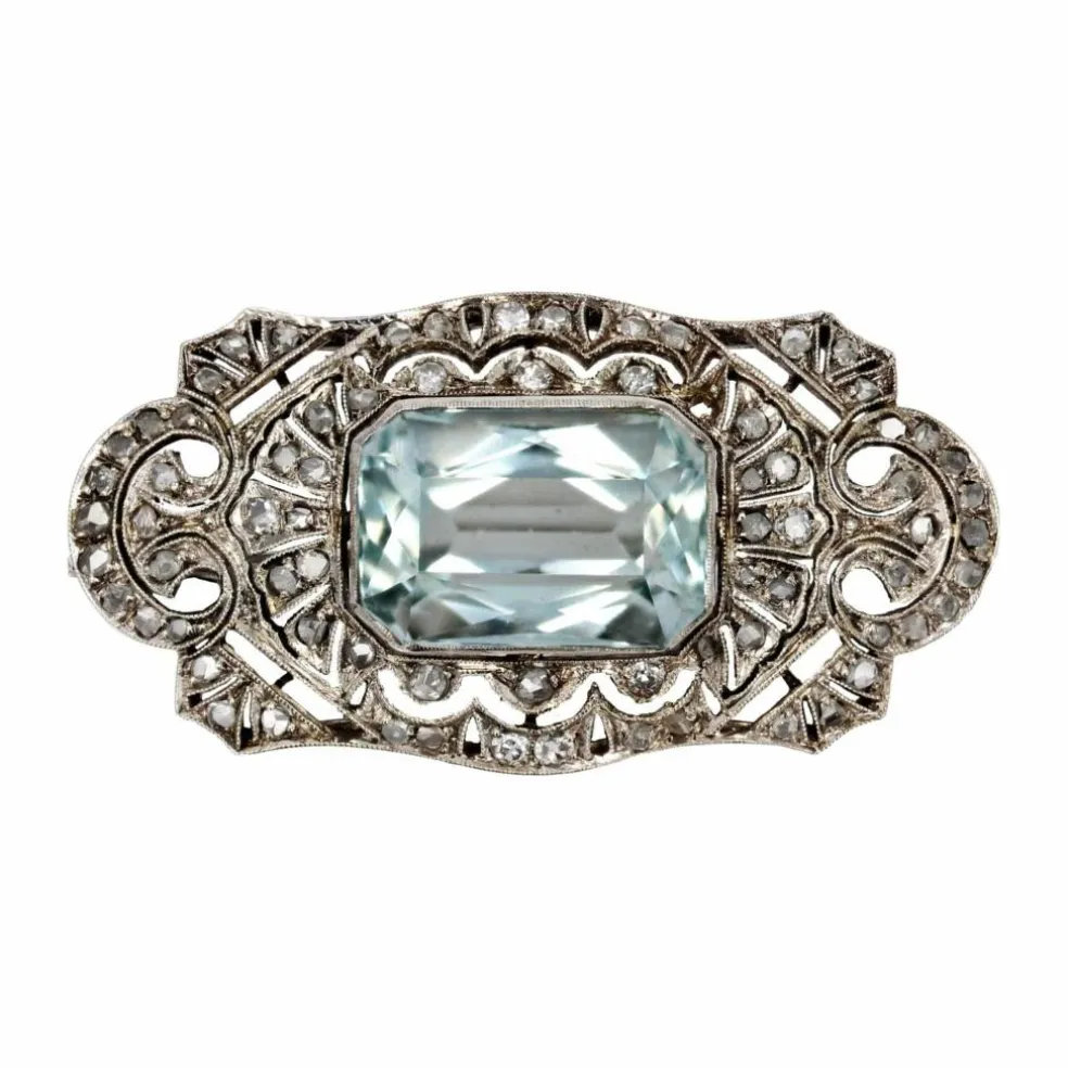 Broche Art Déco aigue-marine et diamants