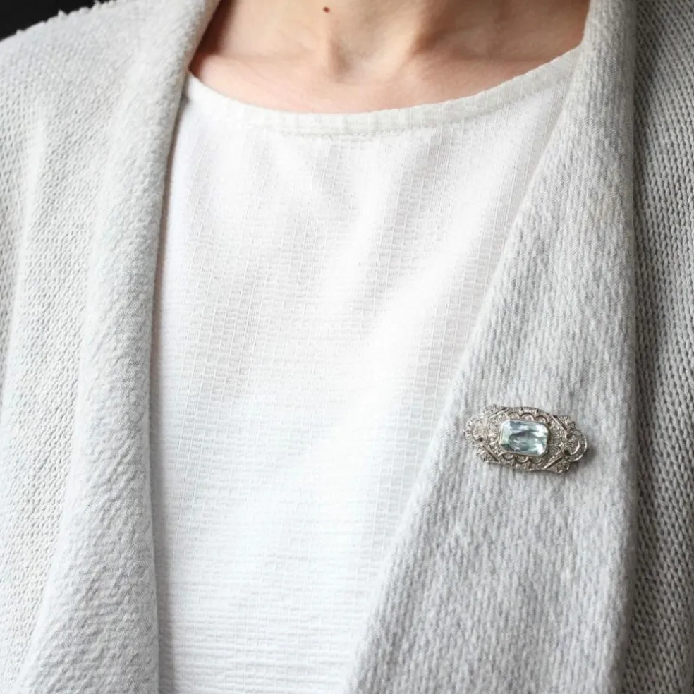 Broche Art Déco aigue-marine et diamants