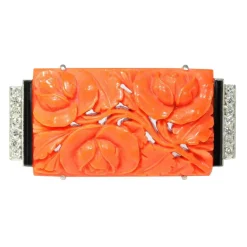 Broche Art Déco Diamants Onyx Corail Sanguin
