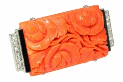 Broche Art Déco Diamants Onyx Corail Sanguin
