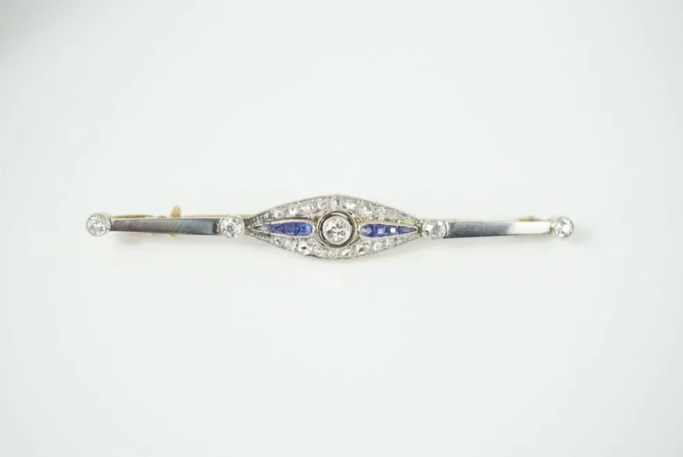 Broche art déco diamants saphirs 2 ors