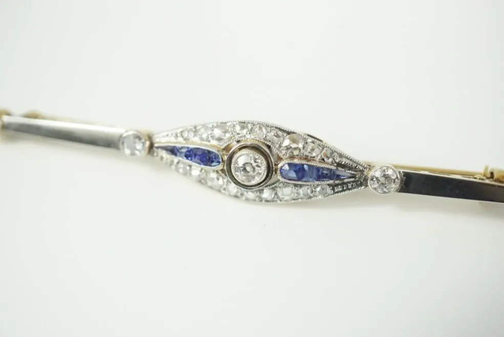 Broche art déco diamants saphirs 2 ors