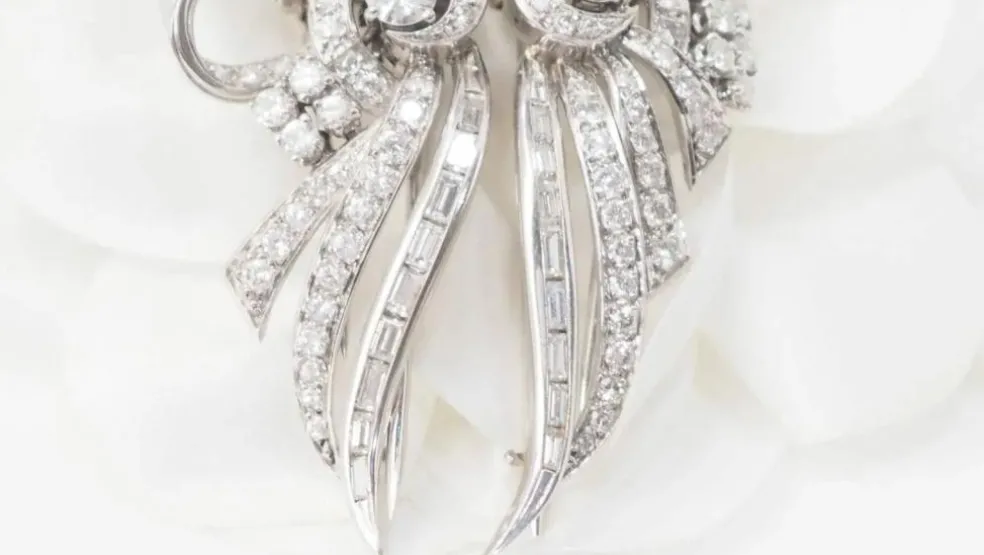 Broche Art déco double clips en or blanc et platine, diamants
