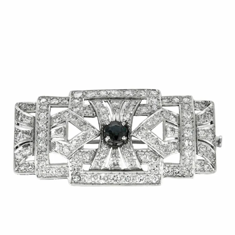 Broche art déco en platine, diamants et saphir