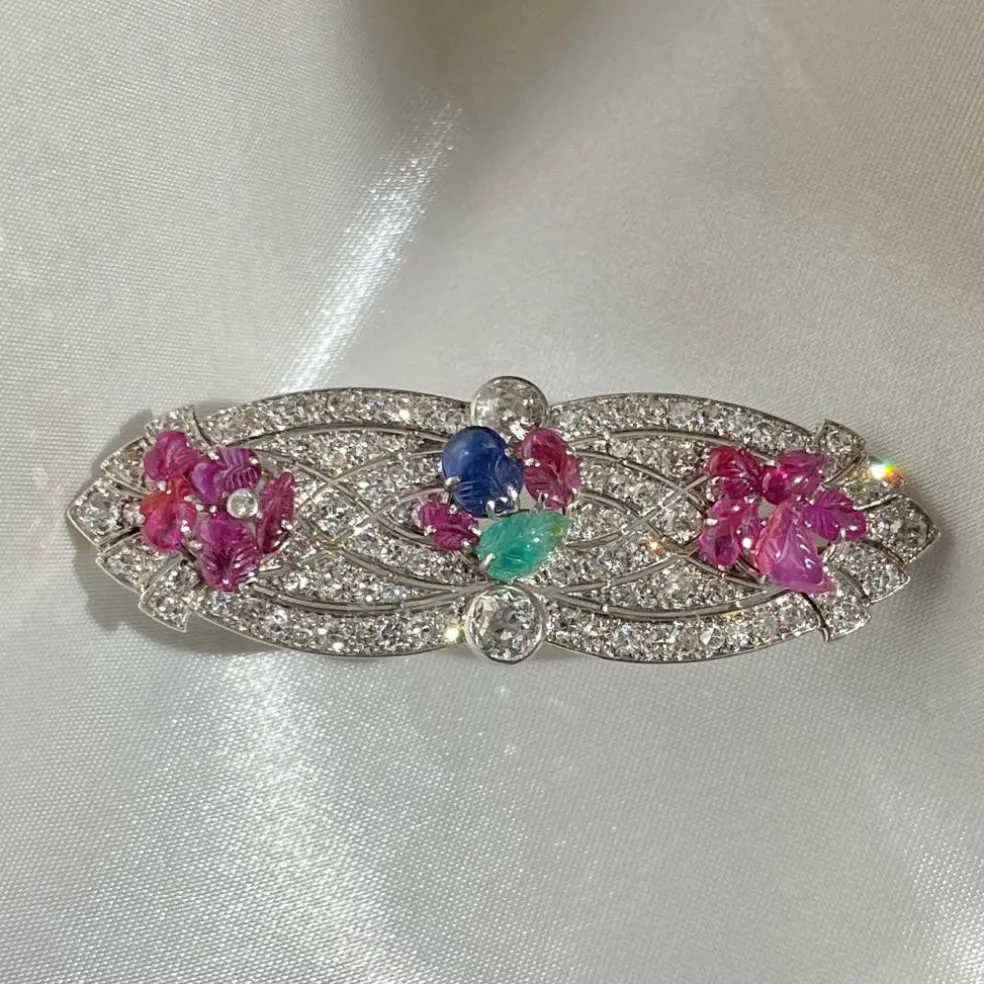 Broche art déco platine diamants tutti frutti