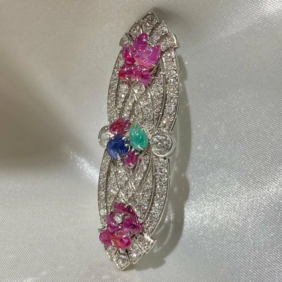 Broche art déco platine diamants tutti frutti