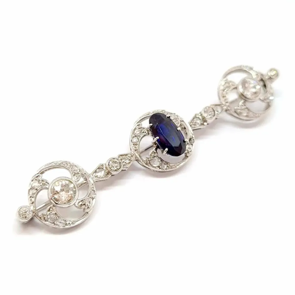 Broche ART DECO, or blanc, saphir, diamants