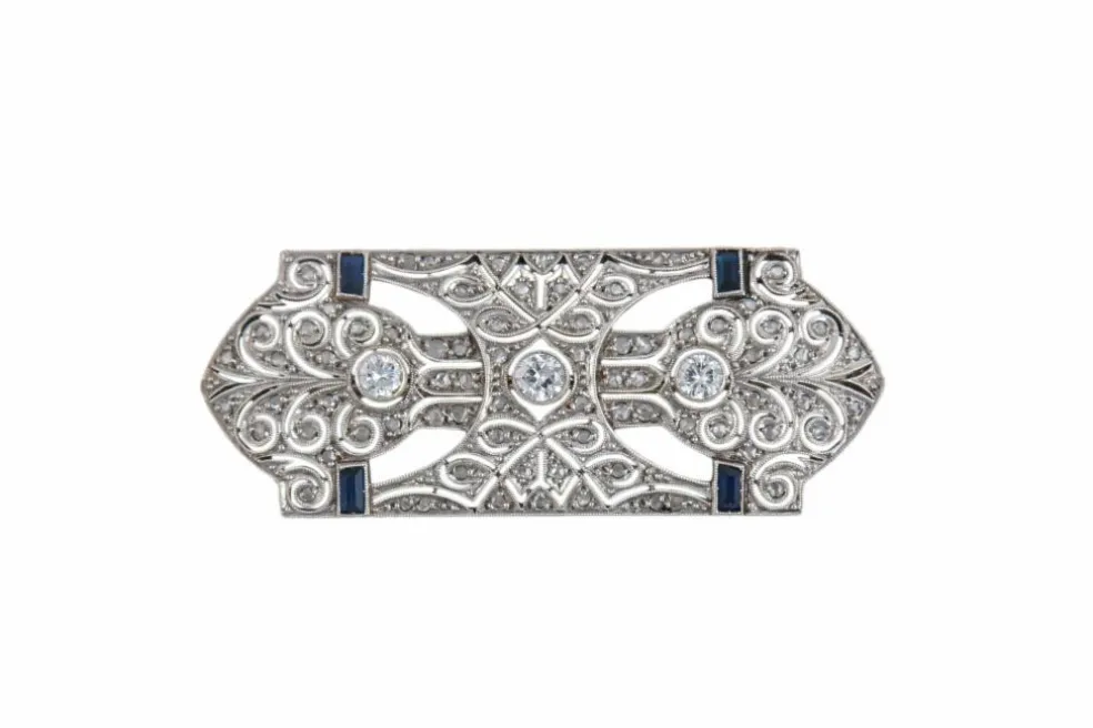 BROCHE ART DECO PLATINE DIAMANTS & SAPHIRS