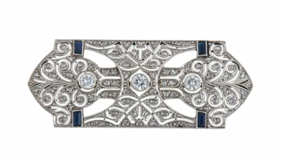 BROCHE ART DECO PLATINE DIAMANTS & SAPHIRS