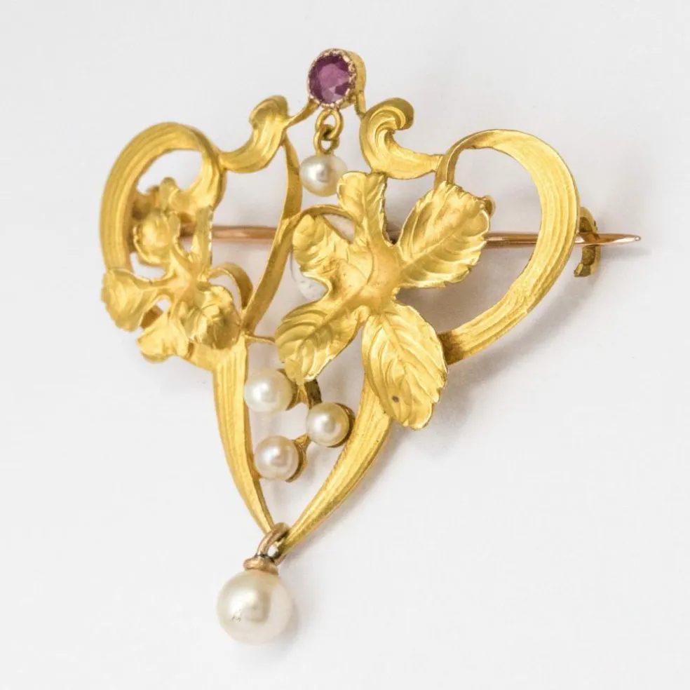 Broche art nouveau rubis perles
