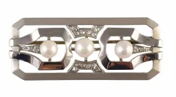 Broche barette or blanc Art Déco diamants et perles
