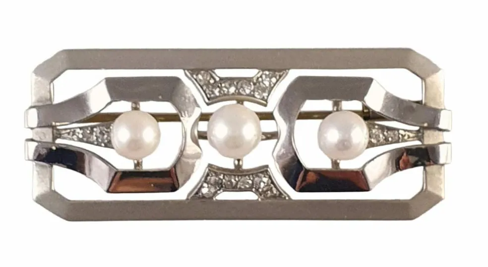 Broche barette or blanc Art Déco diamants et perles