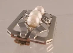 Broche barette or blanc Art Déco diamants et perles