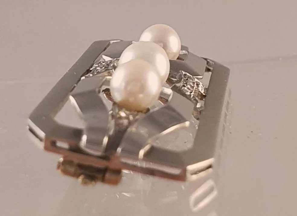Broche barette or blanc Art Déco diamants et perles