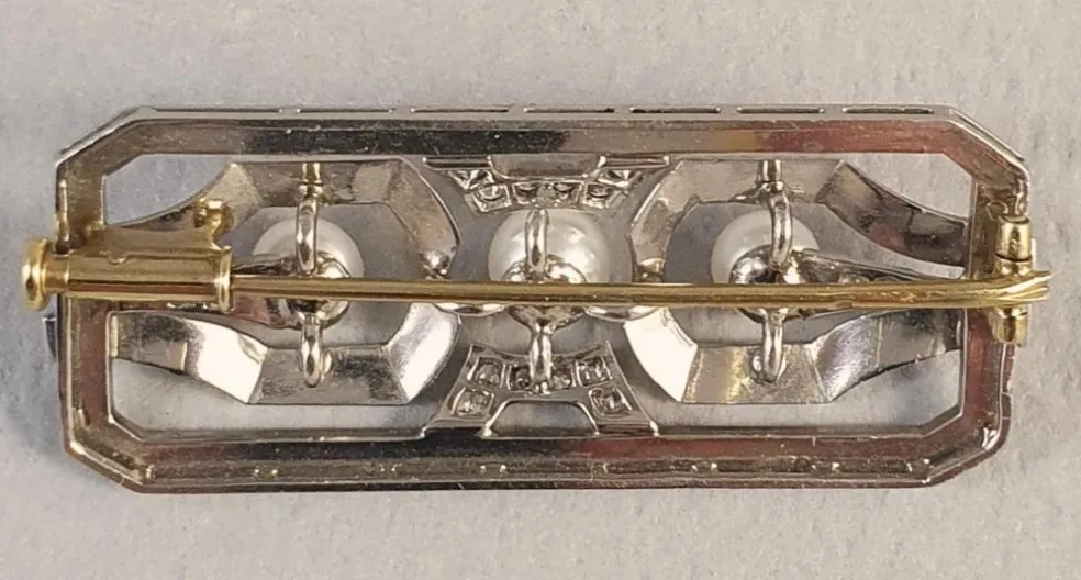 Broche barette or blanc Art Déco diamants et perles
