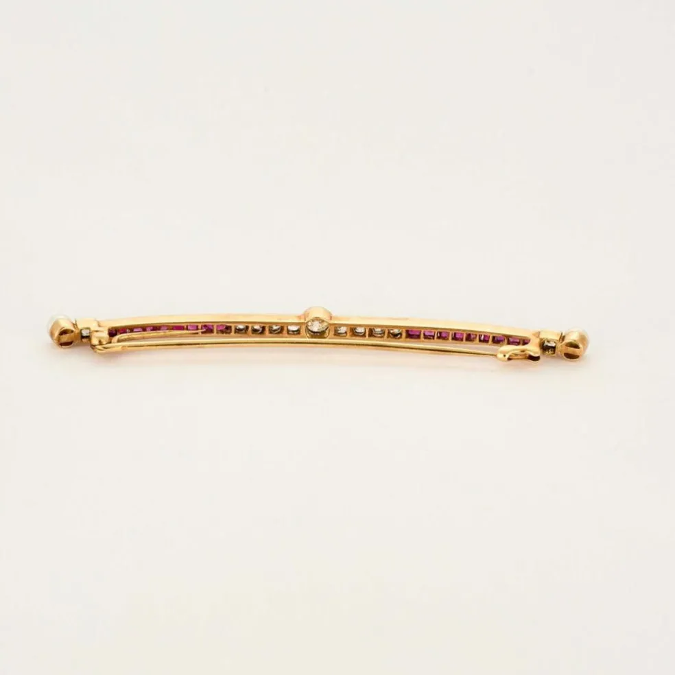 Broche barette, or jaune, rubis et diamants et perles