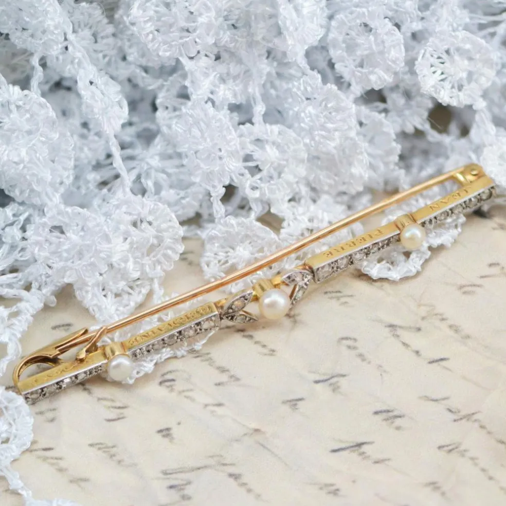 Broche barrette ancienne perles fines boutons et diamants